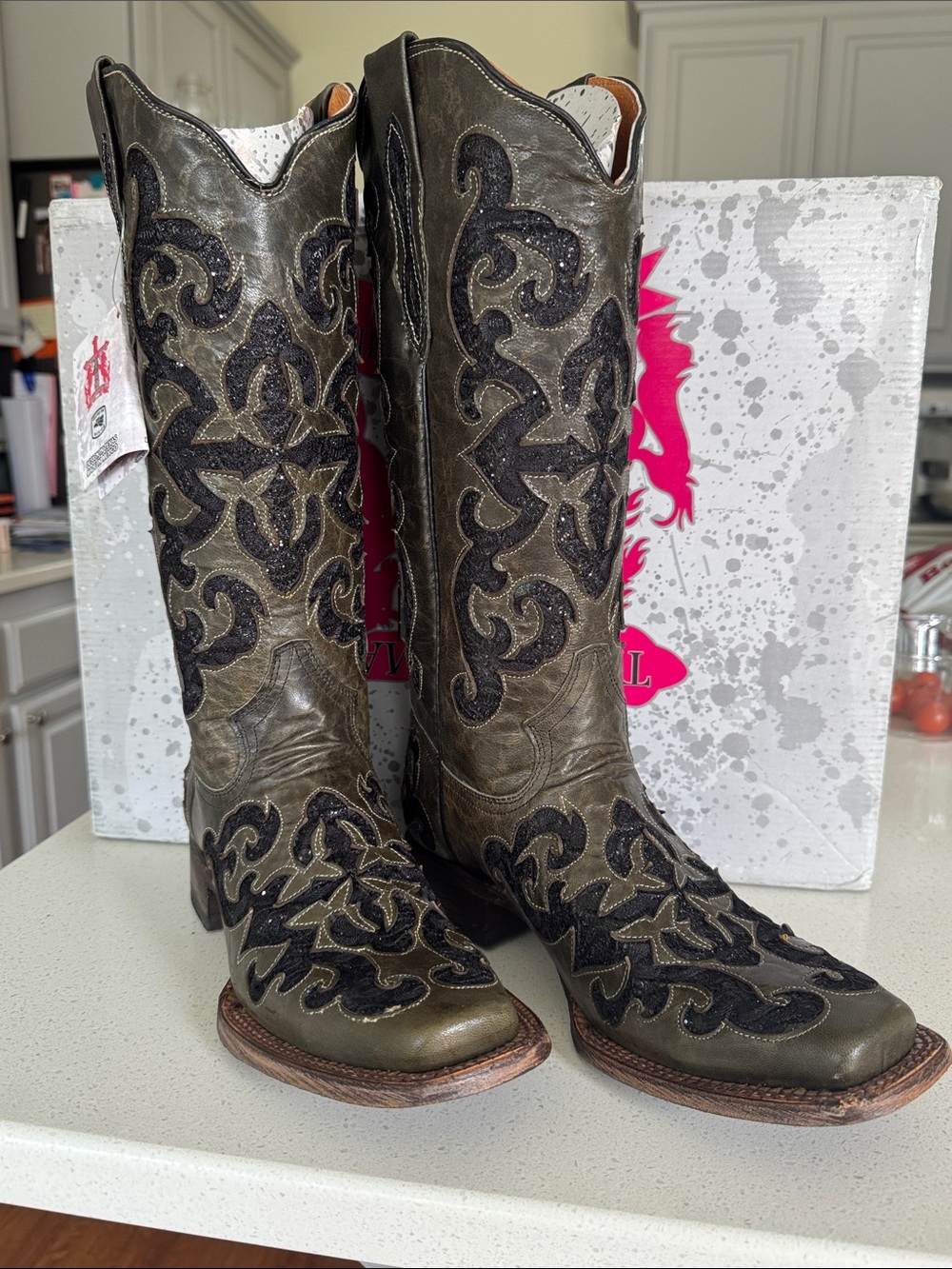 Womens Olive Green tanner Mark Western Cowboy Boots with lace detail